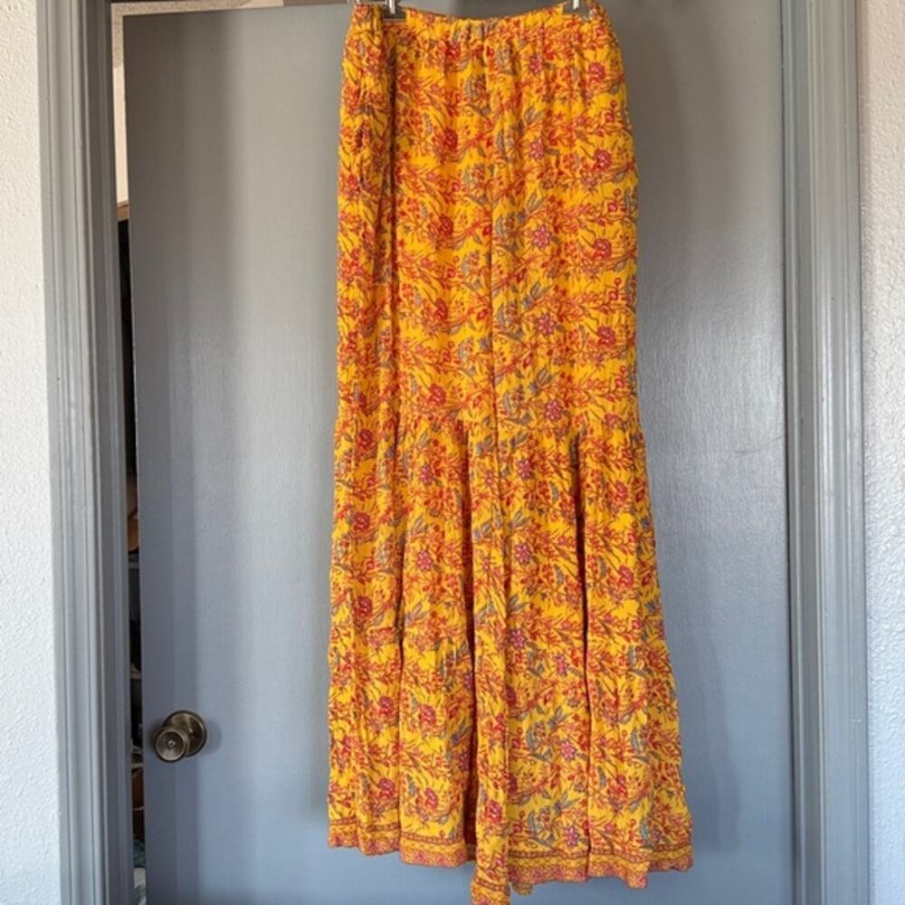 Sundance Gold Floral Women's Wide Tiered Leg Lined Pants sz M Pull-On Boho